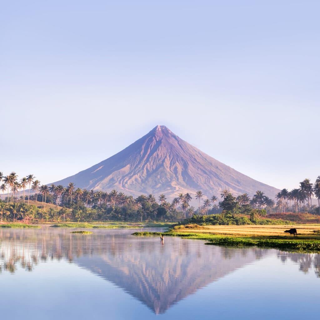 A mountain reflecting in water and surrounded by palm trees