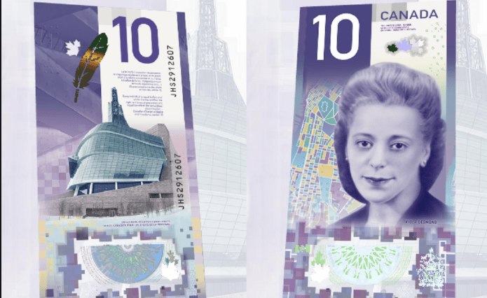 a canadian 10 dollar bill with a woman on it