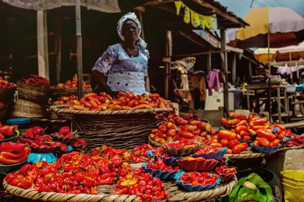 Baskets of peppers at a market