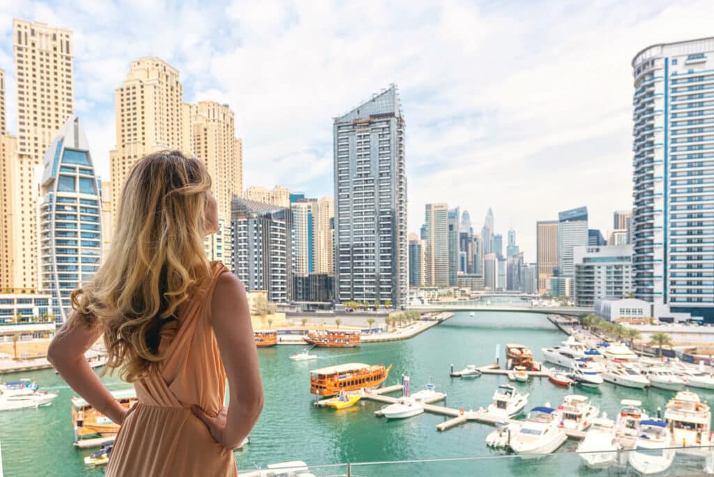 Woman looking at the Dubai Marina