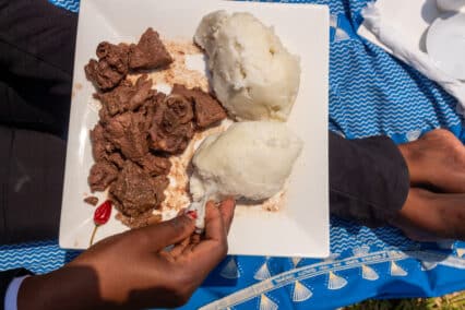 Plate containing staple food African corn meal pap known as ugali, sadza, funge or nshima, and gazelle wild hunting meat and chilli pepper. Called boule in Chad and made with millet.