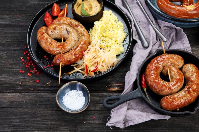 a plate of grilled sausage and sauerkraut