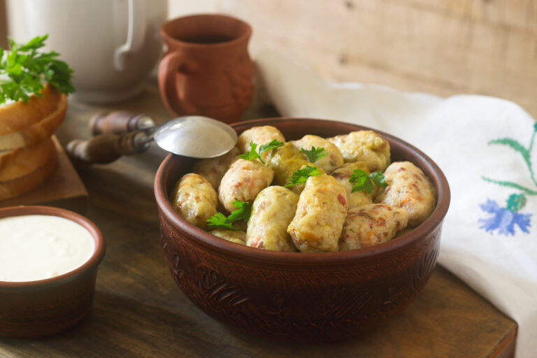 Cabbage,Rolls,Served,With,Sour,Cream,,Bread,And,Wine.,Traditional