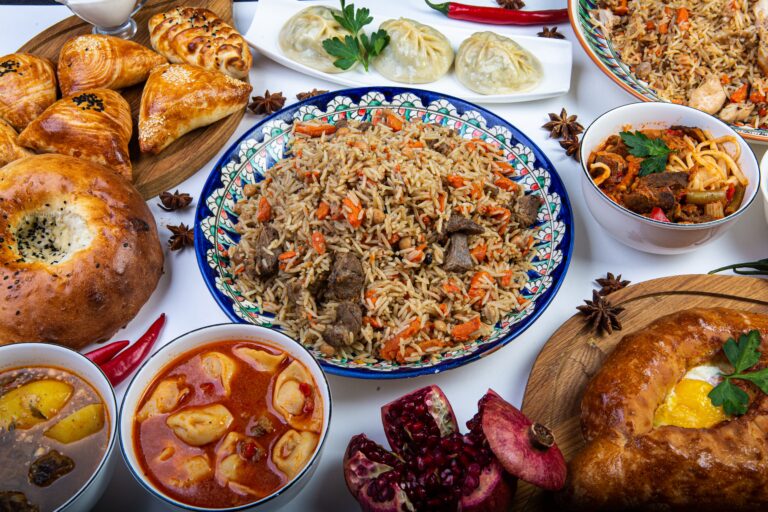 The,Concept,Of,Oriental,Cuisine.,Assorted,Uzbek,Food,Set,,Pilaf,