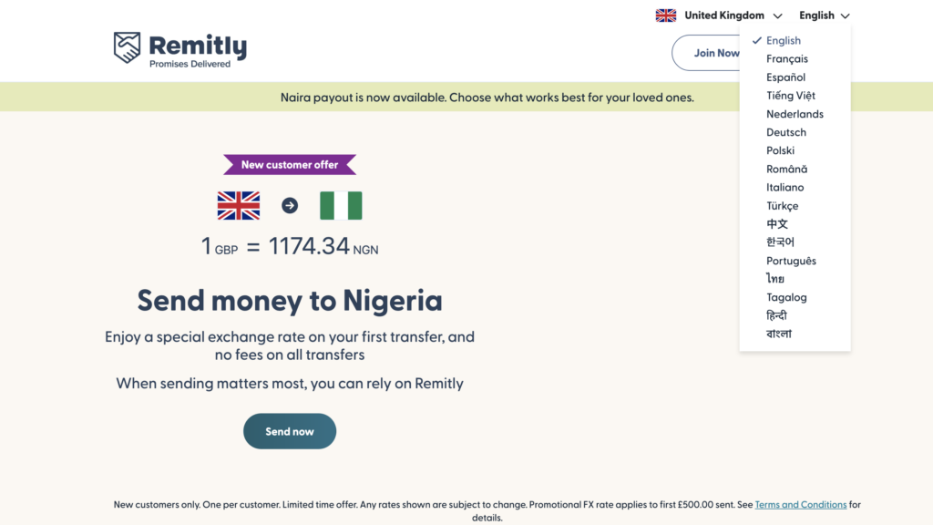 Screenshot of Remitly's website for signing in and choosing a language