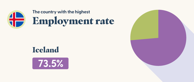 Figure showing a pie chart representing Iceland's 73.5% employment rate