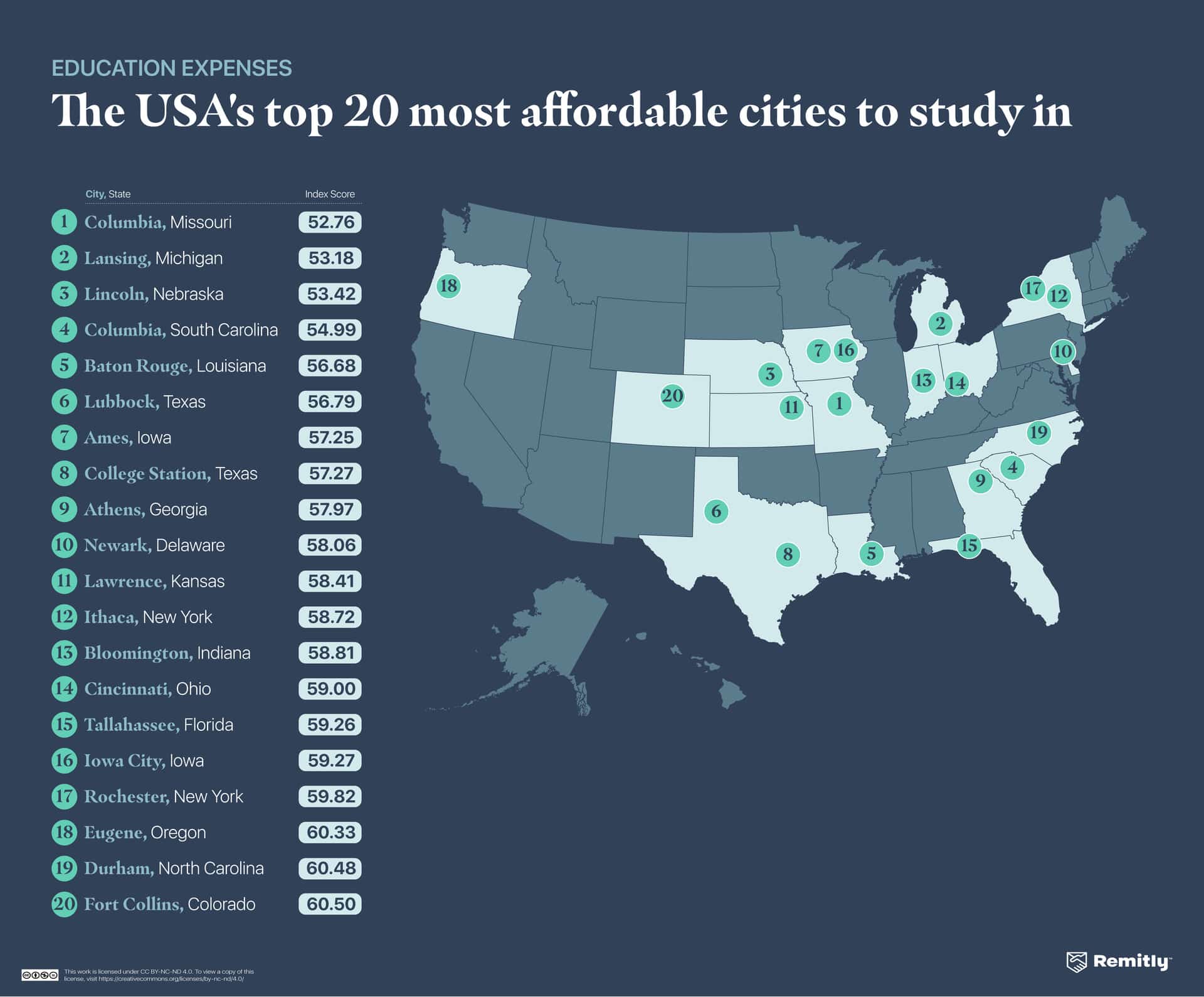 Map showing the top 20 cities to study in based on affordability.