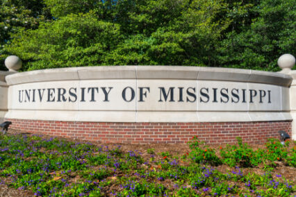 Entrance sign and logo to the campus of the University of Mississippi.