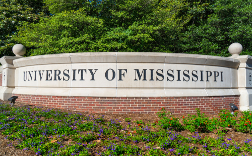 Entrance sign and logo to the campus of the University of Mississippi.