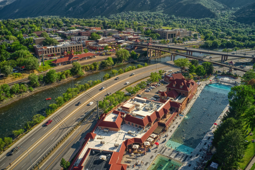 Aerial View of Downtown Glenwood Springs and its Large Hot Spring Pool
