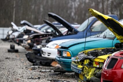 Junk cars at auto parts salvage yard