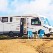 Beautiful tourism camper van campsite in the nature.