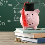 Piggy bank with graduate hat