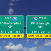 An interstate sign in Pennsylvania gives drivers the choice of driving to Philadelphia or Pittsburgh.