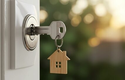 Home Key in door lock - security, new home, real estate, rental, property access