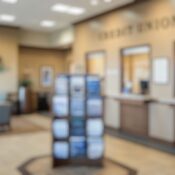 Blurred background of bright and modern credit union interior showing a welcoming atmosphere with seating, informative brochures and professional service counters for customer interactions.