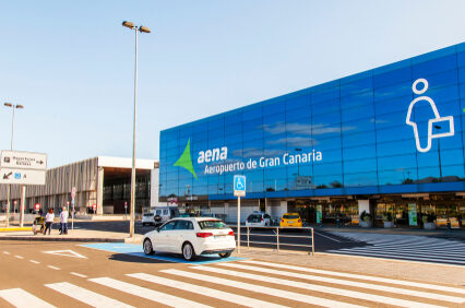 The sun lights a facade of the terminal of Las Palmas Airport airport