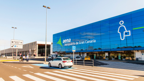 The sun lights a facade of the terminal of Las Palmas Airport airport