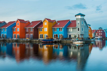 Colorful Architecture Houses for Real Estate and Tourism next to the Water in Holland