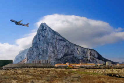 Gibraltar airport, plane taking off, Gibraltar Rock