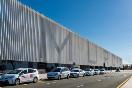 Taxis line up outside the brand new terminal building at Murcia Covera Airport (RMU).