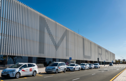 Taxis line up outside the brand new terminal building at Murcia Covera Airport (RMU).