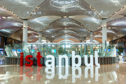 Istanbul letters in red and white inside Istanbul New Airport