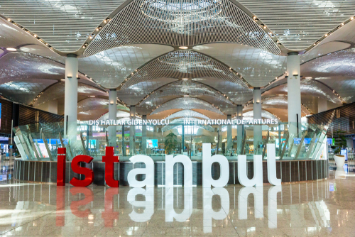Istanbul letters in red and white inside Istanbul New Airport