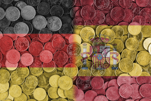 Germany and Spain international trade of Germany, Spain, international trading, economics concept, investments, flags set on coin euros background
