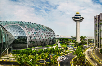 Exterior view of Jewel and Control Tower. Jewel Changi Airport is a mixed-use development at Changi Airport in Singapore