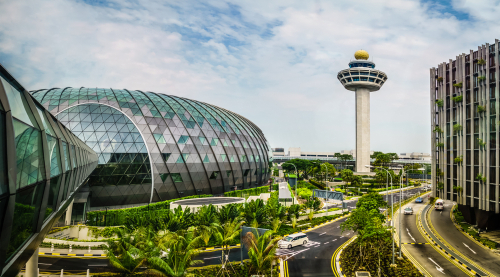 Exterior view of Jewel and Control Tower. Jewel Changi Airport is a mixed-use development at Changi Airport in Singapore