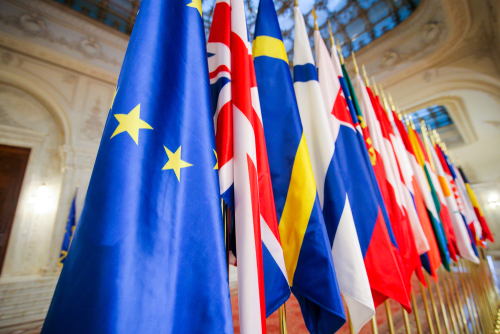 European Union member states flags one next to another