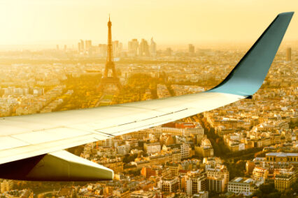 Aerial view of Eiffel tower from plane window.