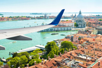 Flight above Venice near airport during taking off or landing.
