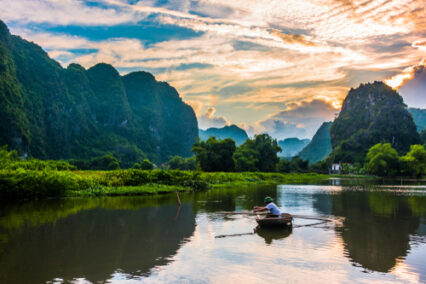 Trang An, a scenic area near Ninh Binh, Vietnam inscribed as a UNESCO World Heritage Site in 2014