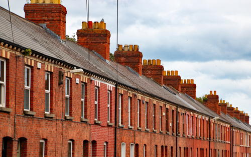 Facades and chimneys of typical city houses in Dublin, Ireland