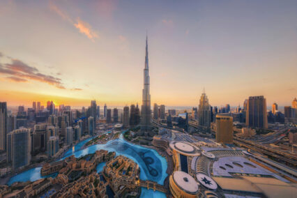 Aerial view of Burj Khalifa in Dubai Downtown skyline and fountain, United Arab Emirates or UAE.