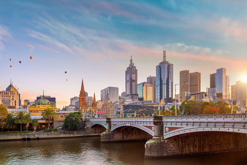 Melbourne city skyline at twilight in Australia