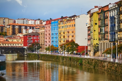 Colorful buildings on a street of Bilbao, Basque Country, Spain