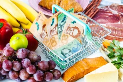The concept of rising inflation, fruits, vegetables, meat, cheese and inside a shopping basket with Costa Rican money