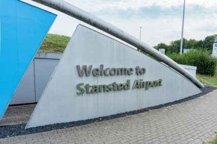 Welcome to Stansted Airport Sign situated at the entrance to the airport in London.