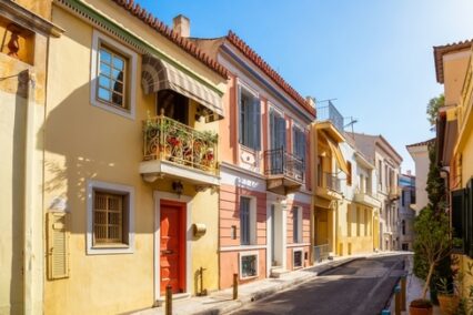 Plaka, Historical neighbourhood in Athens, Greece. Residential Homes in a colourful street.