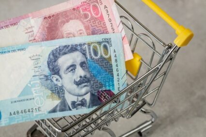 Empty shopping cart and Peruvian money soles