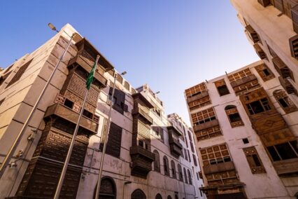 Exterior view of recently renovated traditional residential coral town houses in the historic district Al Balad, Jeddah, KSA, Saudi Arabia
