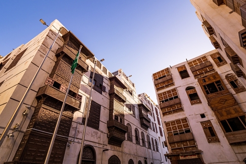 Exterior view of recently renovated traditional residential coral town houses in the historic district Al Balad, Jeddah, KSA, Saudi Arabia