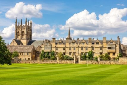 View to Merton College of Oxford University from the meadow. Oxford, England, UK