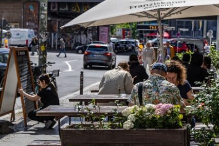 A busy street scene in Berlin, Germany