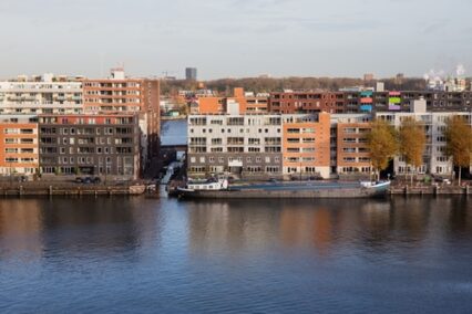 Residential area buildings and houses near waterfront line and river IJ- Netherlands, Amsterdam
