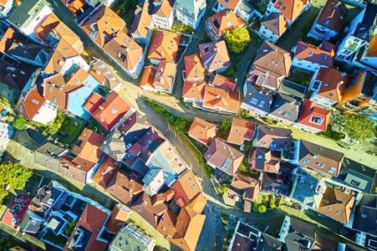 Roof tops of old Bergen, drone shot, Norway