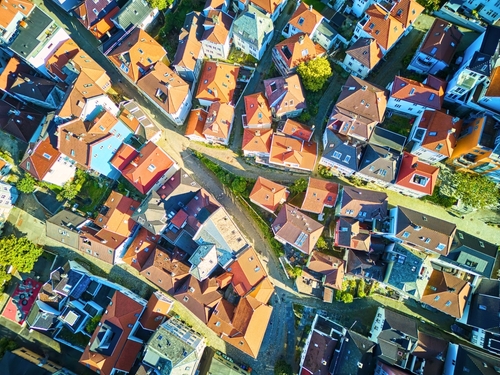 Roof tops of old Bergen, drone shot, Norway